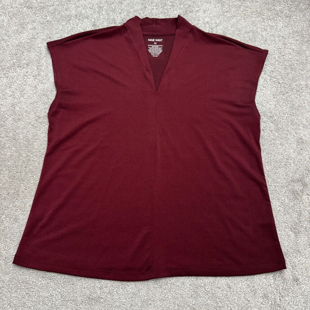 Nine West Maddie Split V-Neck Blouse Womens Medium Burgundy Cap Sleeve Career